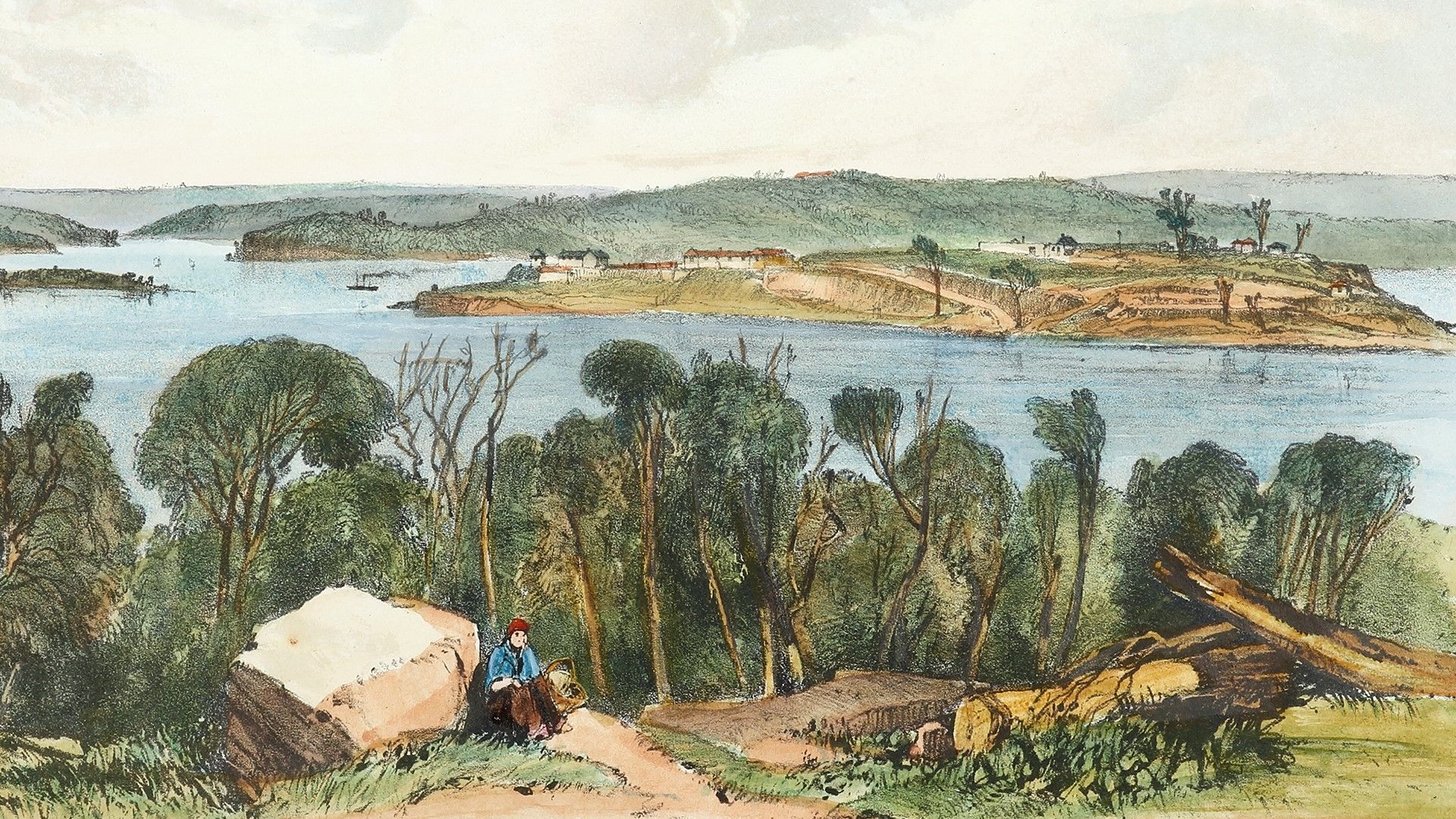 1842 illustration by John Skinner Prout of Cockatoo Island, Parramatta River.